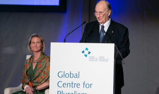 His Highness the Aga Khan delivers remarks during the Global Pluralism Award ceremony held at the Delegation of the Ismaili Imam